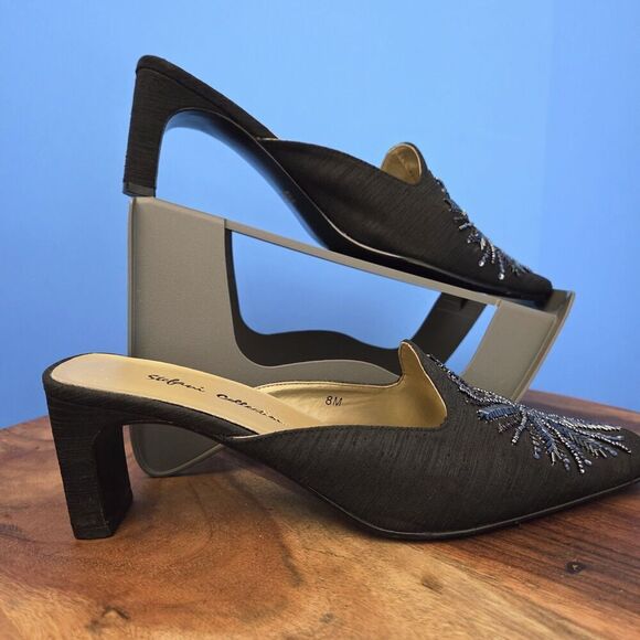 RARE Stefani Collection Beaded Silk Dress Mules Women's US8 Feather Design Black - Picture 3 of 13